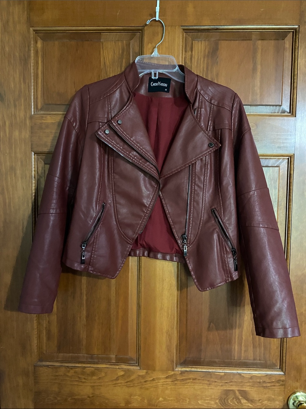 Chou Yatou Women's Deep Red Faux Leather Moto Jacket